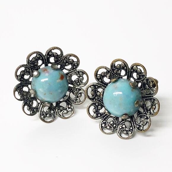 Vintage Turquoise Filigree Screw Back Earrings - Picture 1 of 2